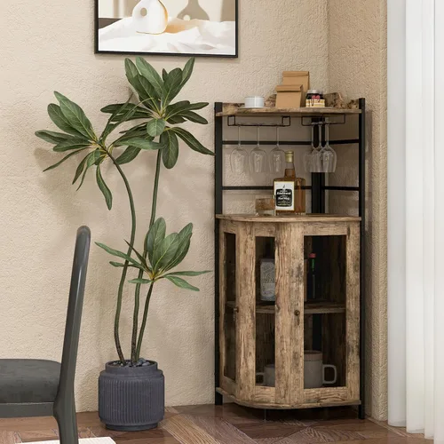 Vista 2 de LOKO Armario esquinero para bar de vinos, gabinete industrial para vinos con puertas de malla metálica y estante ajustable, gabinete de licor