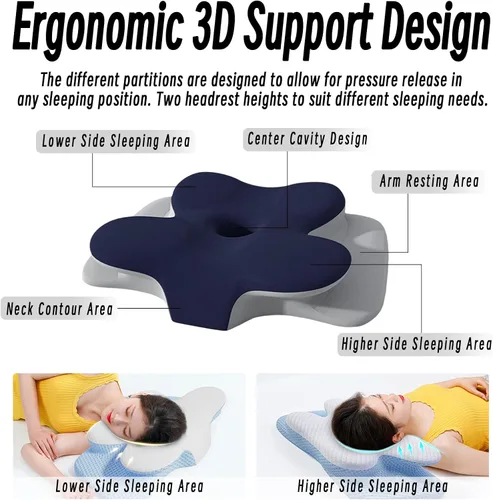 Vista 3 de Almohada cervical para cuello y hombro, almohadas ergonómicas de espuma viscoelástica para dormir con funda de almohada lavable, almohada Azul Oscuro