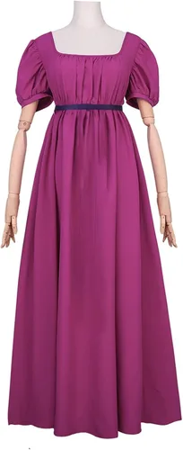 Vista 3 de Vestidos de la época de la Regencia para mujer, con satén, manga abombada fruncida, vestido de cintura imperio, vestido de satén
