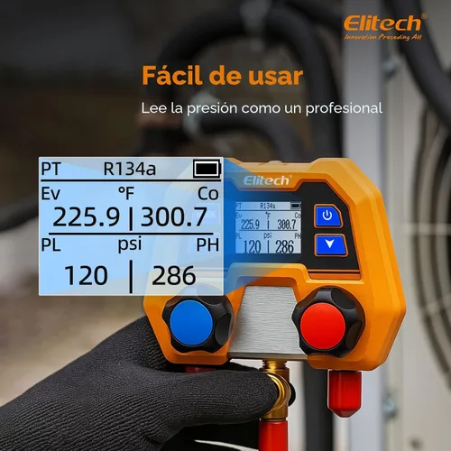 Vista 4 de Elitech Manómetro Digital de Colector para Sistemas HVAC, Refrigeración y Aire Acondicionado - Soporta Refrigerantes R410A/R454B/R134, Medición
