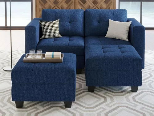 Vista 4 de Belffin Sofá modular modular con otomana de almacenamiento, sofá moderno en forma de L de tela con diván para espacios pequeños, azul