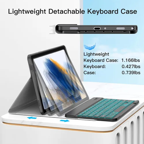 Vista 7 de JUQITECH Funda con teclado retroiluminado para Samsung Galaxy Tab A8 10.5 2022, funda suave inteligente con teclado inalámbrico desmontable