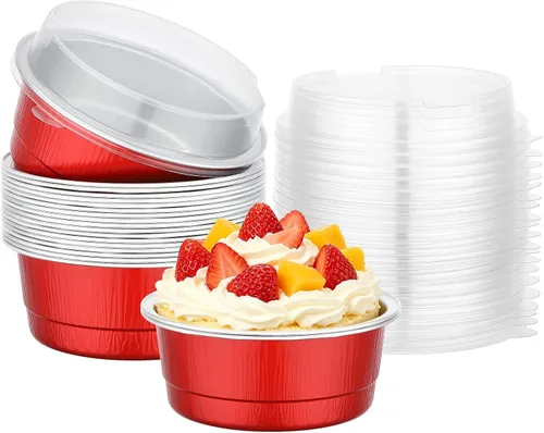 Vista 9 de Beasea - Juego de 50 ramekins de aluminio con tapas, 260 ml, 8.8 oz, 4 pulgadas, ramekins desechables de papel de aluminio para hornear, redondos