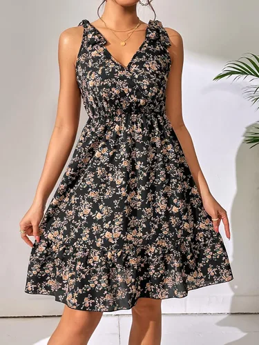 Vista 5 de SweatyRocks Vestidos de mujer con cuello en V y estampado floral, con lazo en los hombros, estilo bohemio, con volantes, acampanados