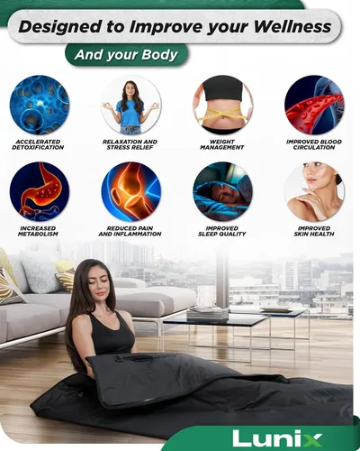 Vista 8 de Manta de sauna infrarroja Lunix LX17, bolsa de sauna portátil para relajación, desintoxicación y alivio del estrés, calor ajustable 77–176°F, manta