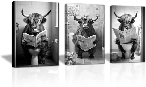 Vista 7 de LZIMU 3 impresiones en lienzo de vaca de las tierras altas – Divertidas imágenes de animales de baño – enmarcado (11 x 14 pulgadas, 3 piezas)