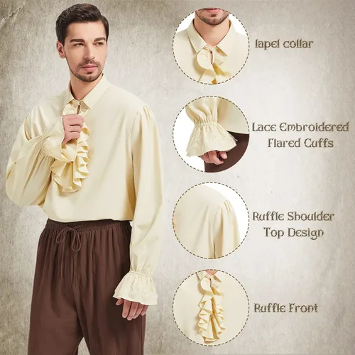 Vista 2 de American Trends Camisa pirata medieval renacentista para hombre, disfraz victoriano con volantes, steampunk, vampiro, gótico, tops de Halloween
