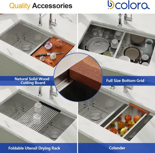 Vista 4 de Dcolora DC-U-1111 - Fregadero de cocina de 33 pulgadas con doble tazón, estación de trabajo de acero inoxidable 50/50 dividida baja dividida calibre