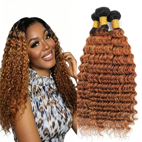 Vista 174 de P4613 Cabello humano rizado onda profunda marrón y paquetes mixtos 8 10 12 P4613 Ombre Marrón-Rubio-DP
