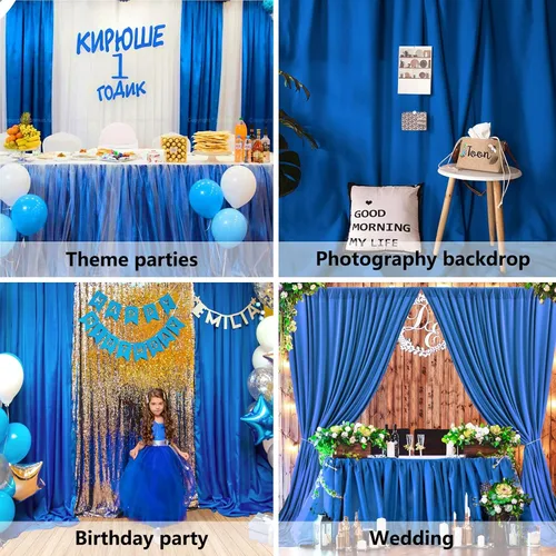 Vista 4 de Cortina de fondo azul de 10 x 7 pies para fiesta, cortinas de fondo para sesión de fotos, cumpleaños, boda, Halloween, Acción de Gracias, Navidad