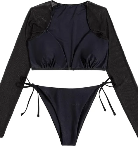 Vista 5 de SweatyRocks Traje de baño de 2 piezas de manga larga para mujer, bikini de corte alto, tankini con protección contra rush
