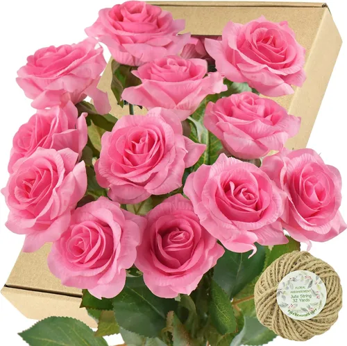 Vista 14 de FiveSeasonStuff 12 tallos de flores artificiales azul hielo, rosas de seda de tacto real para decoración de boda, en caja de regalo Azul helado
