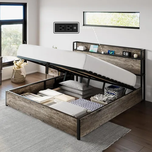 Vista 10 de AMERLIFE Marco de Cama de Almacenamiento Elevable Tamaño Completo, Marco de Cama de Plataforma de Madera con Almacenamiento Elevable y Estación