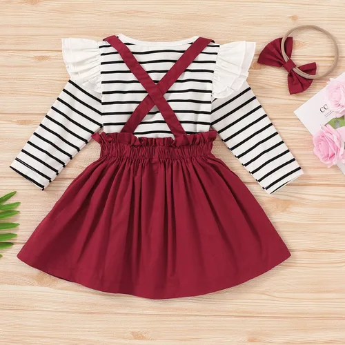 Vista 3 de Conjunto de ropa de bebé de 3 piezas para niñas pequeñas overol floral y falda con correa