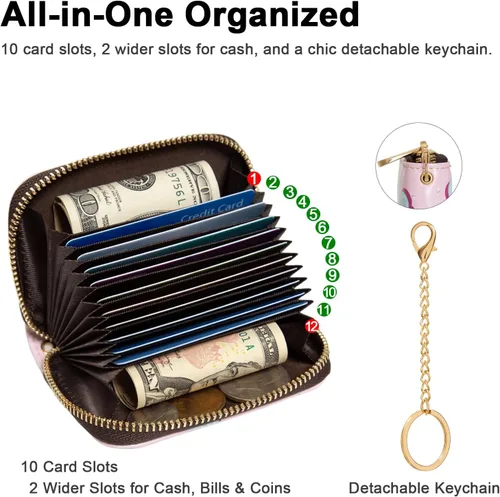 Vista 3 de Soporte para tarjetas de crédito, cartera con bloqueo RFID para mujer, pequeña cartera delgada de cuero con llavero con cremallera, funda