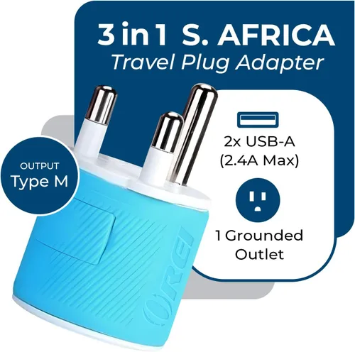 Vista 2 de OREI Adaptador de enchufe para viajes a Sudáfrica, Botsuana, Namibia con doble USB - Entrada EE. UU. - Tipo M (U2U-10L), Funcionará con teléfonos