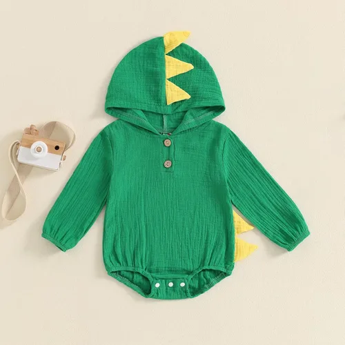 Vista 2 de Thorn Tree Ropa de bebé recién nacido, ropa de dinosaurio de algodón y lino, mameluco con capucha para Halloween Verde