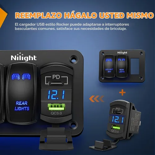 Vista 4 de Nilight Interruptor de palanca con salida USB estilo LED voltímetro conector rápido 12V PD tipo C y USB QC 3.0 para automóviles, reemplazo