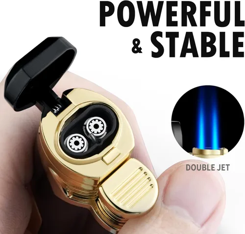 Vista 5 de GUEVARA Encendedor de Antorcha de Butano con Punzón a Prueba de Viento de Doble Chorro (Negro-Dorado) Dual jet flame, windproof, butane refillable