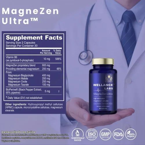 Vista 4 de Complejo MagneZen Ultra Magnesio con B6, fórmula de 4 fuentes para aliviar el estrés y apoyar el sueño