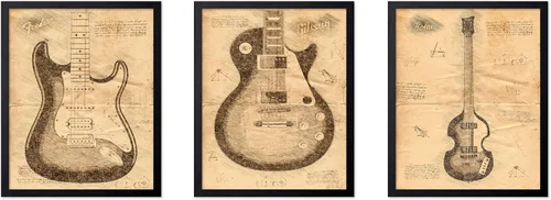 Vista 44 de Poster Master Póster de música vintage de 3 piezas, impresión de instrumentos retro, regalo para músico, amigo, guitarra eléctrica, patrón, patente