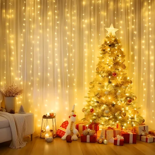 Vista 2 de Minetom Luces de cortina, 300 luces LED regulables, 8 modos Blanco cálido