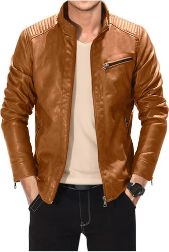 Vista 3 de Chaqueta de piel para hombre, color negro, ajustada, ligera, para motocicleta