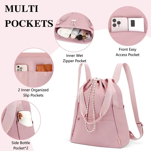 Vista 4 de Mochila de gimnasio con cordón y bolsillo húmedo, bolsa de gimnasio para mujeres y hombres, bolsas de viaje resistentes al agua para mujeres, bolsa