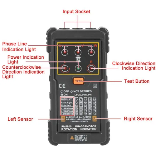 Vista 2 de Probador de rotación de motor trifásico portátil de mano Probador de rotación de motor para instalar reparación mantenimiento sistema trifásico