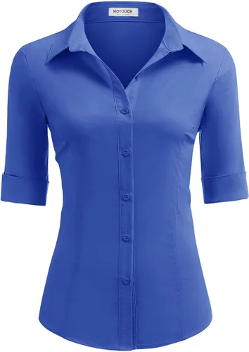 Vista 11 de HOTOUCH Camisas básicas con botones para mujer, manga 3/4, elásticas, con botones, camisa de vestir ajustada para camarera