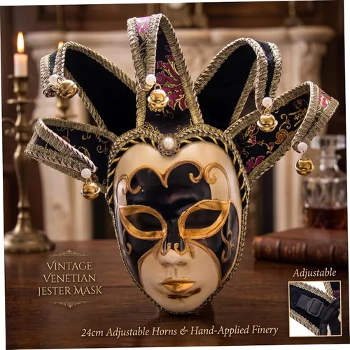 Vista 5 de Máscara de bufón, máscara veneciana de cara completa, máscaras para hombre con patrones dorados y campanas, color rojo Negro
