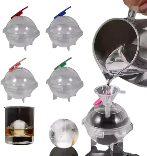 Vista 5 de Paquete de 4 moldes redondos grandes para hacer bolas de hielo de 2 pulgadas, para barra de piedras de whisky, para fiesta, incluye mini embudo (1)