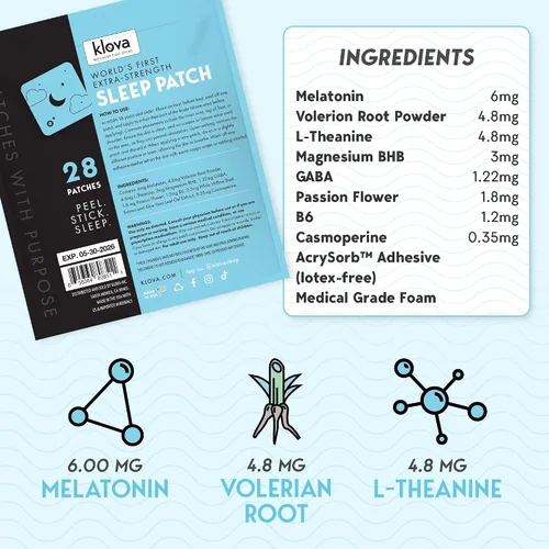 Vista 5 de Klova Parches para dormir extra fuertes para adultos Ayuda natural para dormir con 6 mg de melatonina, valeriana y L-teanina Apoyo para dormir