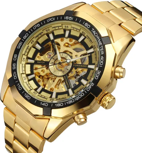 Vista 2 de FORSINING Reloj de pulsera redondo analógico automático para hombre con pulsera de acero inoxidable, Oro, Moderno