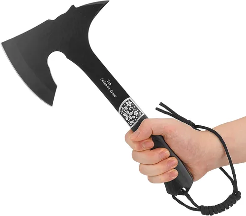 Vista 7 de Hacha de camping con vaina de cuero – Tomahawk de supervivencia compacta de 13" con tang completo y mango de madera para senderismo, supervivencia