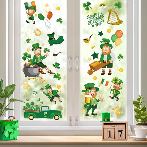Vista 4 de Calcomanías estáticas reutilizables para ventana del día de San Patricio, estilo duende grande, reutilizables, para decoraciones del día de San