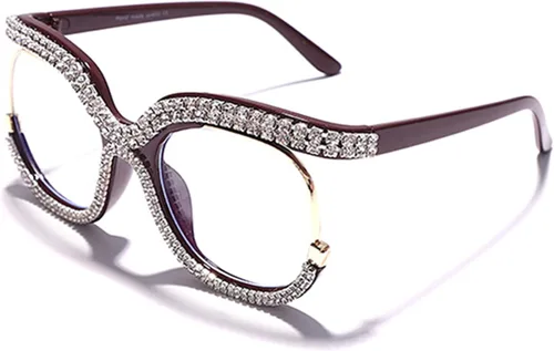 Vista 7 de Elegantes lentes de luz azul de ojo de gato para mujer, lentes de lectura de diseño de diamantes de imitación Beige