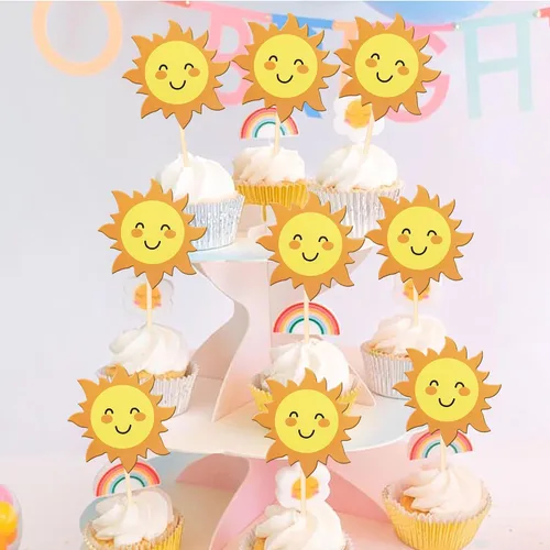 Vista 5 de 36 piezas de decoración para cupcakes de sol de doble cara con diseño de flores y sonrisas, decoración de cupcakes SunShine para temática de sol