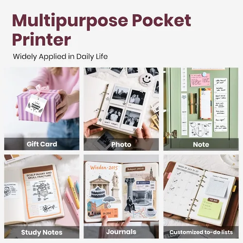 Vista 7 de Impresora de pegatinas, PM290C Mini impresora con 3 rollos de papel, púrpura