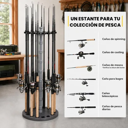 Vista 7 de Rush Creek Creations Soporte redondo para 16 cañas de pescar para garaje, soporte de cañas de pescar de acceso 360° para cañas de pescar, carretes