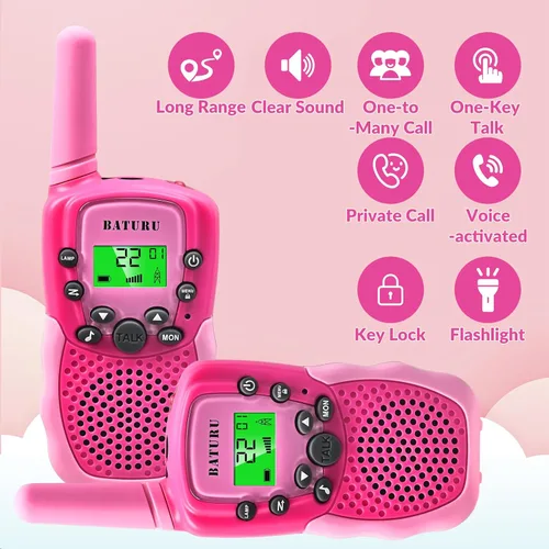 Vista 2 de Walkie Talkies para niños BATURU, paquete de 2 unidades en color rosa, regalo para niñas de 4 a 8 años, de largo alcance, juguetes fáciles de usar