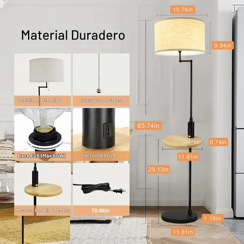 Vista 4 de DLLT - Lámpara de pie LED para sala de estar, luz de acento de pie con puerto de carga USB, ahorro de energía, iluminación de poste alto con mesa