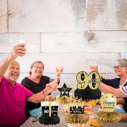 Vista 5 de 9 piezas de decoración de cumpleaños número 90 para centros de mesa de cumpleaños de 90 años para decoración de mesas, decoraciones de nido de abeja