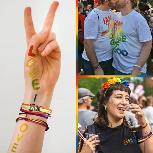 Vista 6 de UBGICIG 19 piezas de accesorios LGBTQ de orgullo ajustable, collar de orgullo para parejas, aretes de arco iris, calcomanías de arco iris, pines