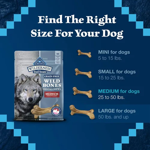 Vista 6 de Blue Buffalo Wilderness Wild Bones - Golosinas dentales masticables sin granos, tamaño mediano, bolsa de 27 onzas Reduces Tartar & Plaque