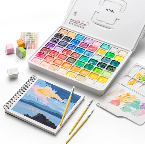 Vista 7 de HIMI Juego de pintura gouache, 56 colores x 30 g, diseño único de cápsula de gelatina en estuche de transporte, perfecto para artistas, suministros