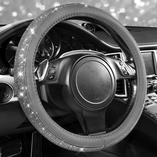 Vista 19 de CAR PASS Funda para volante de cuero beige con diamantes brillantes, cristales blancos brillantes con purpurina y pedrería, ajuste universal de 14
