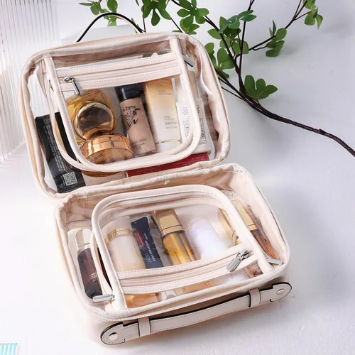 Vista 3 de SANHECUN Neceser de viaje Estuche grande transparente para cosméticos bolsa de maquillaje (beige, pequeño)
