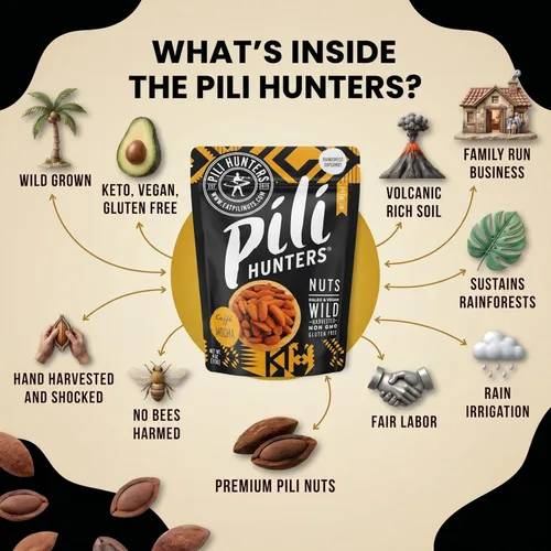 Vista 5 de Pili Hunters - Nueces de pili germinadas silvestres - Caffè Mocha bolsa de 4 onzas - Cacao crudo, azúcar de coco orgánico y café real para un