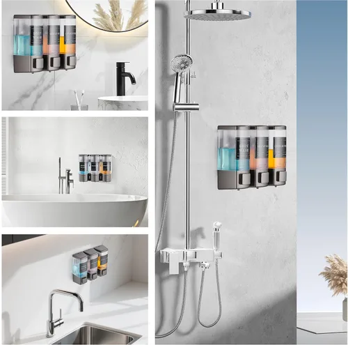Vista 7 de Dispensador de champú y acondicionador para ducha, 3 cámaras, gris